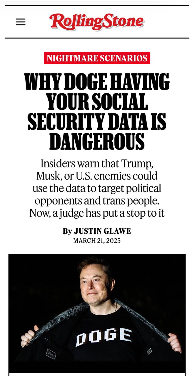 Justin Glawe (@justinglawe) on Twitter photo New today at <a href="/RollingStone/">Rolling Stone</a> and <a href="/americandoom_/">@americandoom</a>: Social Security insiders say Trump and Musk could use the data DOGE has accessed at the agency to go after trans Americans, political enemies, dissidents, etc.
rollingstone.com/politics/polit… New today at <a href="/RollingStone/">Rolling Stone</a> and <a href="/americandoom_/">@americandoom</a>: Social Security insiders say Trump and Musk could use the data DOGE has accessed at the agency to go after trans Americans, political enemies, dissidents, etc.
rollingstone.com/politics/polit…