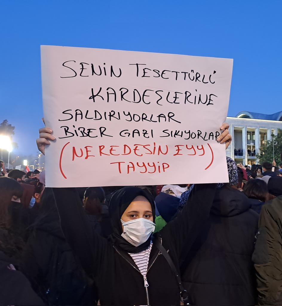 İradesini savunmak için Saraçhane'ye giden bir genç:

"Senin tesettürlü kardeşlerine saldırıyorlar, biber gazı sıkıyorlar. Neredesin eyy Tayyip?"