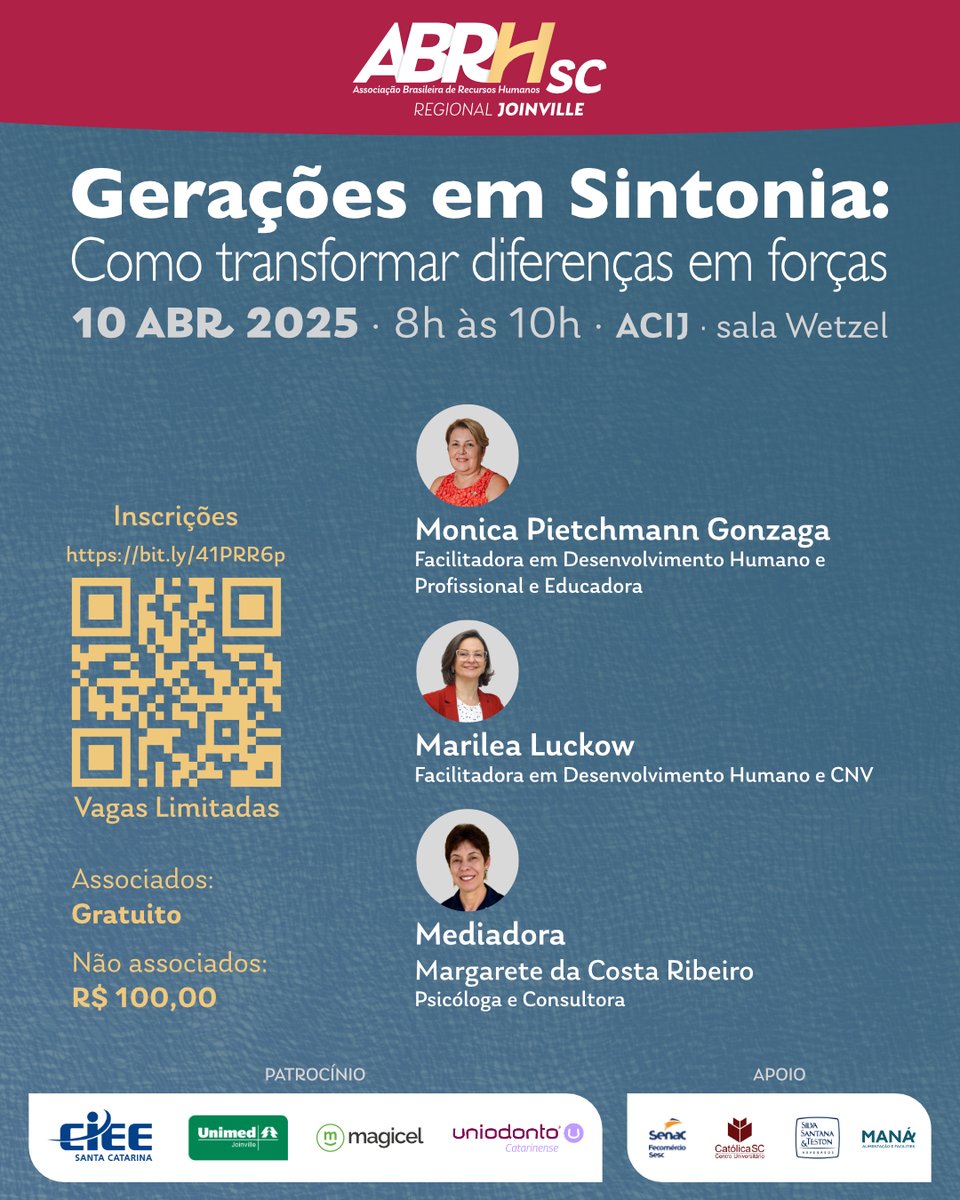 O Grupo Longevidade da ABRH Joinville convida você para o evento: “Gerações em Sintonia: como transformar diferenças em forças."

Participe conosco desse papo super importante e atual.

Se inscreva pelo link: app.higestor.com.br/inscricao/1403…