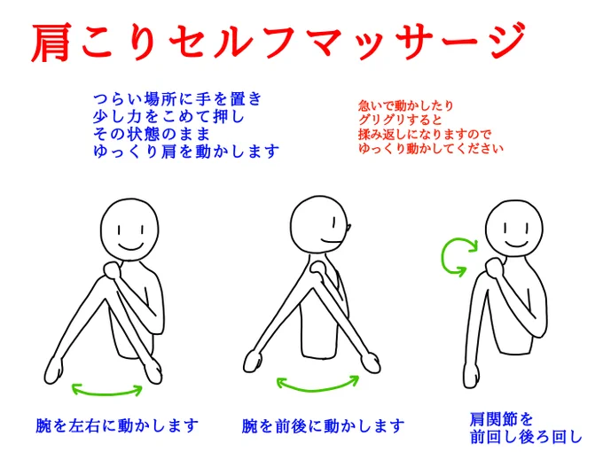 おはようございます!
朝の健康体操です

肩こりがつらいとついつい
自分で揉んでしまいます
でも腕は疲れるし
指も痛くなってきます

そんな指で押すのではなく
指で辛いところを押さえて
肩の方を動かすと 楽に刺激できます 