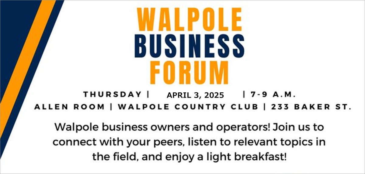 Join us for the Walpole Business Forum! 

We’re thrilled to welcome an incredible lineup of speakers:

✅ William O’Donnell, norfolkdeeds.org
✅ Ava Straccia, avasmediaandmarketing.com
✅ Lisa Levesque, breakthroughbusinessstrategies.com

📩 Message us for the registration link!