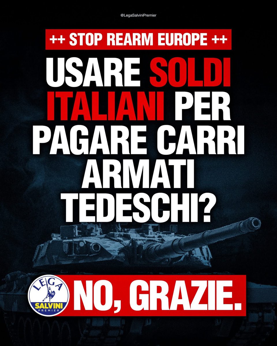 La Lega dice “NO” a 850 miliardi di euro di nuovo debito per fare la guerra. Si rafforzi la difesa, ma almeno la metà dei soldi, se davvero ci sono, vadano per i bisogni di famiglie e imprese: flat tax, pace fiscale, sanità, pensioni.
#ReArmEurope