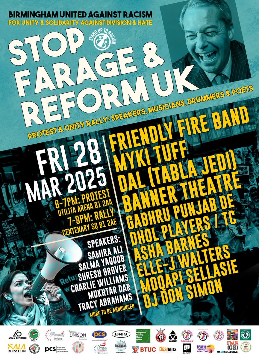 One week today, Friday 28th March, there will be a large demo at the Reform Conference. 
NEU members will be meeting at their Regional Office on Edward St at 5.30pm to march together to the demo together. 
Hope to see you there ✊️
<a href="/BirminghamNEU/">Birmingham NEU</a> <a href="/NEUnion/">National Education Union</a> <a href="/NEUWestMidlands/">NEU West Mids Region</a>