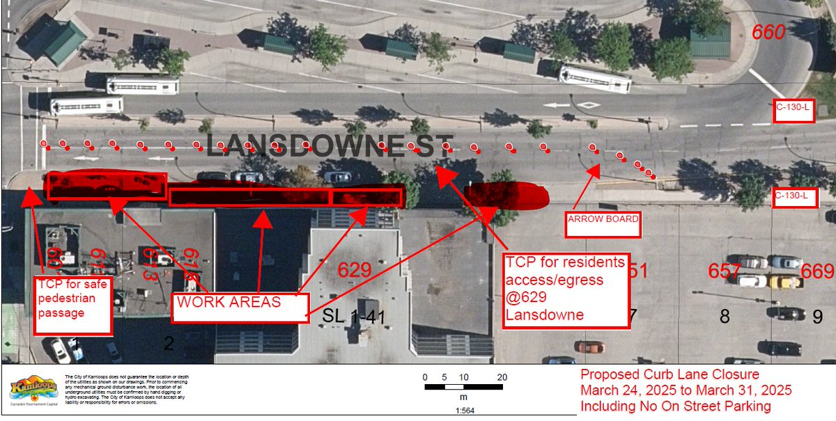 Traffic Note: Lane Closure- Multi Lane Road
Where on Roadway: Curb lane
Direction: Westbound
Location: Lansdowne St. #kamloops #kammute
Work Between: Victoria St. and 6th Avenue
Date:  March 24th to March 31st, 2025.