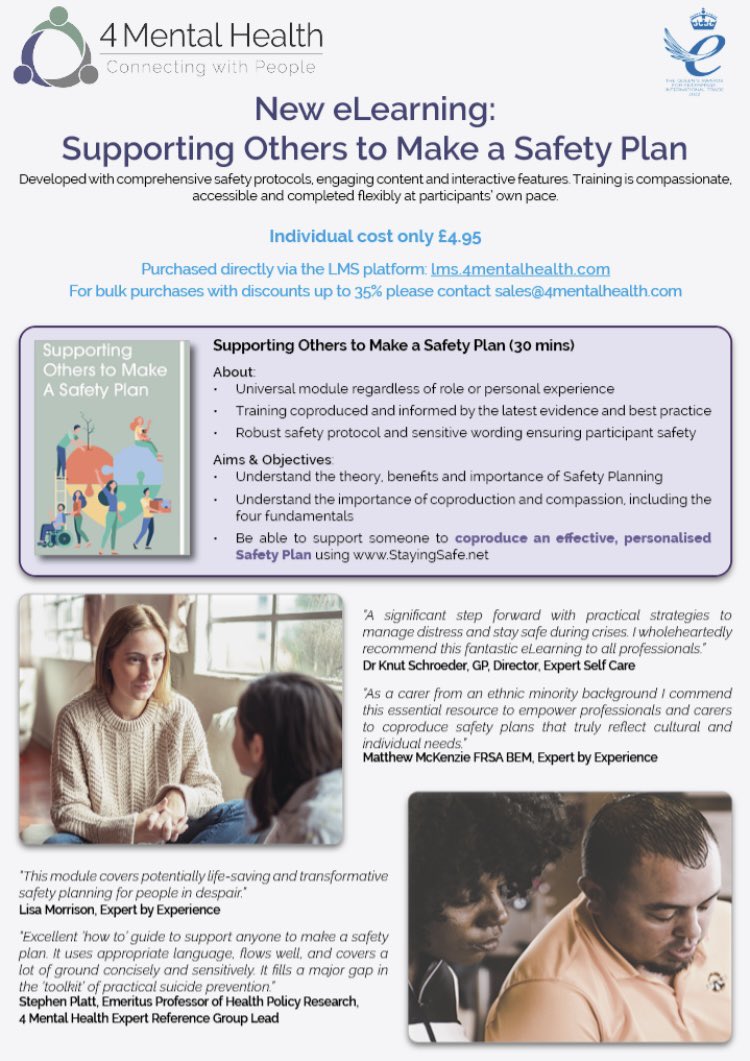 Dr Alys Cole-King (@alyscoleking) on Twitter photo 📣 NEW <a href="/4_MentalHealth_/">4MentalHealth</a> eLearning:
Supporting Others to Make a Safety Plan ✔️ Coproduced
✔️ Evidence-informed
✔️ Compassionate
✔️Safety protocol
✔️Affordable (£4.95 & bulk discount)
Thanks to fab Expert Ref Group
A labour of love for all of us ♥️
Flyer: 4mentalhealth.com/sites/default/… 📣 NEW <a href="/4_MentalHealth_/">4MentalHealth</a> eLearning:
Supporting Others to Make a Safety Plan ✔️ Coproduced
✔️ Evidence-informed
✔️ Compassionate
✔️Safety protocol
✔️Affordable (£4.95 & bulk discount)
Thanks to fab Expert Ref Group
A labour of love for all of us ♥️
Flyer: 4mentalhealth.com/sites/default/…