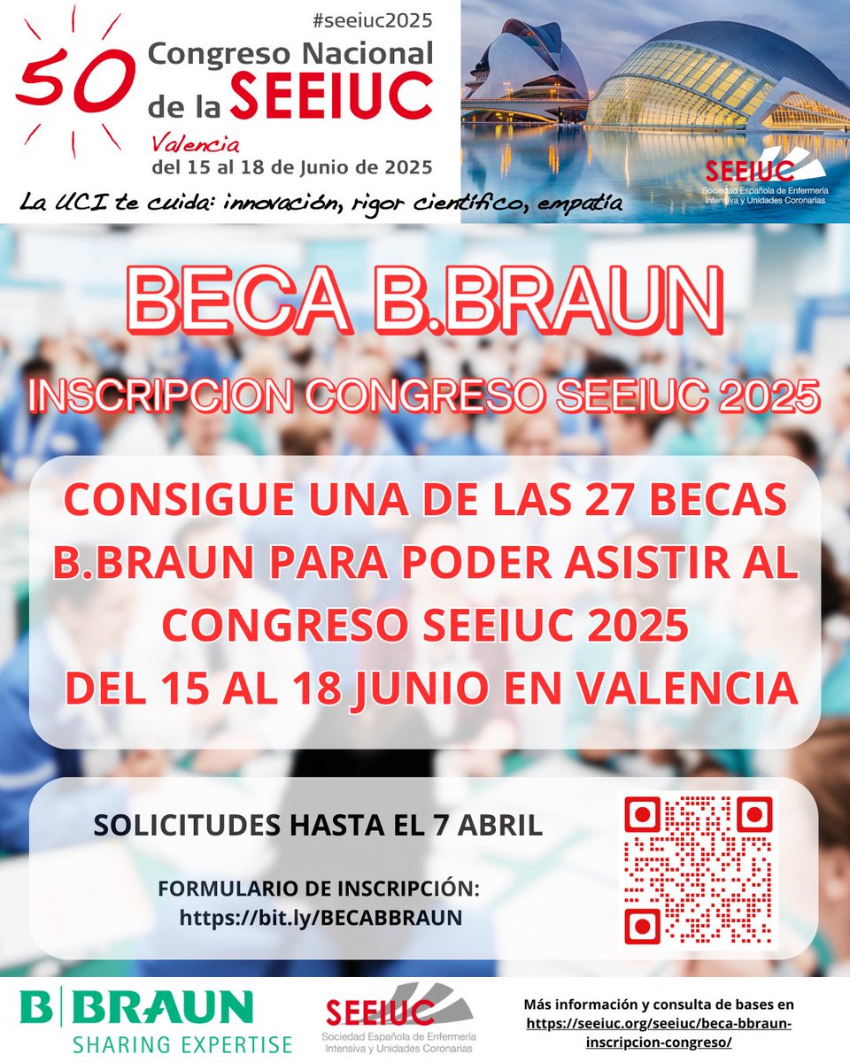 ¡NOVEDAD! Beca de inscripción al Congreso SEEIUC 2025 ✨
Este año, B. Braun y SEEIUC colaboran para ofrecer 27 becas de inscripción al Congreso Nacional SEEIUC 2025 en Valencia (15-18 junio).

📅 Plazo de solicitud: hasta el 7 de abril
✍️ Inscripciones en bit.ly/BECABBRAUN