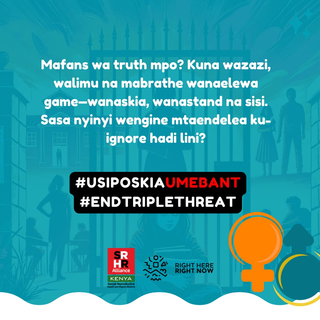 Kuna wazazi,walimu na manrathe wanaelewa game na wanastand na Sisi sasa nyinyi mtaendelea kuignore Hadi lini
#USIPOSIKIAUMEBANT
#END TRIPLETHREAT 
.<a href="/KenyaSRHR/">Kenya SRHR Alliance</a> 
.<a href="/RHRNKenya/">Right here Right now Ke</a>