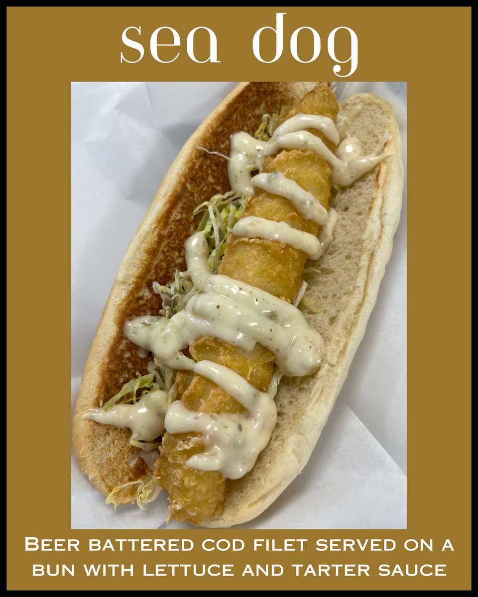 Instead of the fish sandwich that I posted last week, we will have the Sea Dog! It is a beer battered cod filet and it is served on a bun with lettuce and tartar sauce. You can order it without a bun and it will be served with lettuce and tarter sauce on the side.