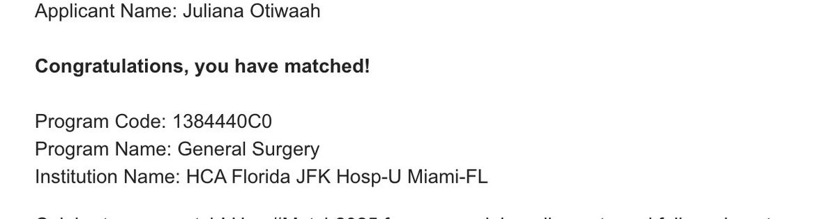 Juliana Afia Otiwaah BScN MS MD (@juleeahjwels) on Twitter photo Looks like I am going to Florida !!
I’m going to be a surgeon
#Match2025 #looklikeasurgeon
#womeninsurgery
<a href="/WomenSurgeons/">WomenSurgeons</a> <a href="/StGeorgesU/">St. George's University</a> Looks like I am going to Florida !!
I’m going to be a surgeon
#Match2025 #looklikeasurgeon
#womeninsurgery
<a href="/WomenSurgeons/">WomenSurgeons</a> <a href="/StGeorgesU/">St. George's University</a>