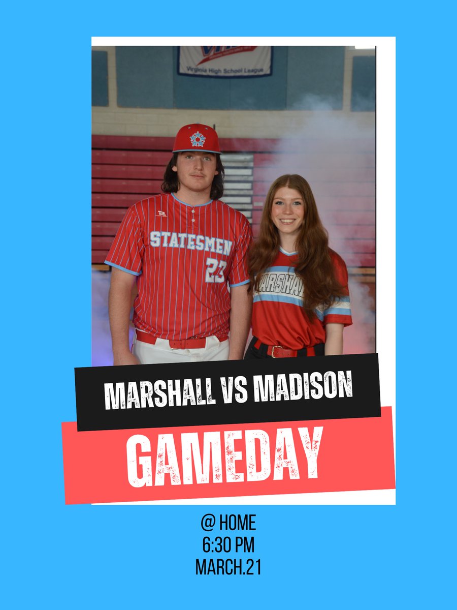 Marshall HS Athletics (@gcmsports1) on Twitter photo Baseball and Softball are both hosting Madison Warhawks tonight! Both Varsity teams are at home, while JV Baseball travels on the road. First pitch at 6:30pm. Let’s go Statesmen!
⚾️⚾️🥎🥎
<a href="/SoftballGCM/">GCM Statesmen Softball</a>
<a href="/MStatesmenBsbl/">Marshall HS Statesmen Baseball</a>
#marshallpride Baseball and Softball are both hosting Madison Warhawks tonight! Both Varsity teams are at home, while JV Baseball travels on the road. First pitch at 6:30pm. Let’s go Statesmen!
⚾️⚾️🥎🥎
<a href="/SoftballGCM/">GCM Statesmen Softball</a>
<a href="/MStatesmenBsbl/">Marshall HS Statesmen Baseball</a>
#marshallpride
