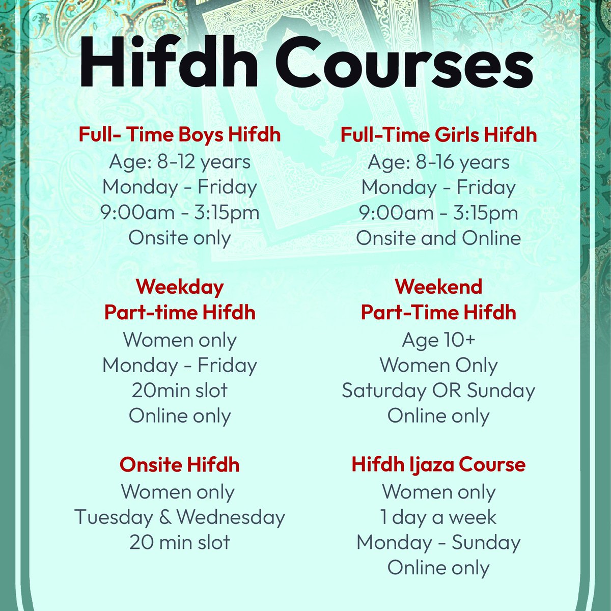 AlHudaInstitute's tweet photo. Strengthen your connection with the Quran beyond Ramadan! ✨

Enroll in our Hifdh &amp; recitation courses for all ages and levels—part-time, full-time, onsite or online! 

Hifdh: https://t.co/Eml0eZS2KG
Recitation &amp; Tajweed: https://t.co/6tpYA641N5 https://t.co/Ay4S0mLe0R