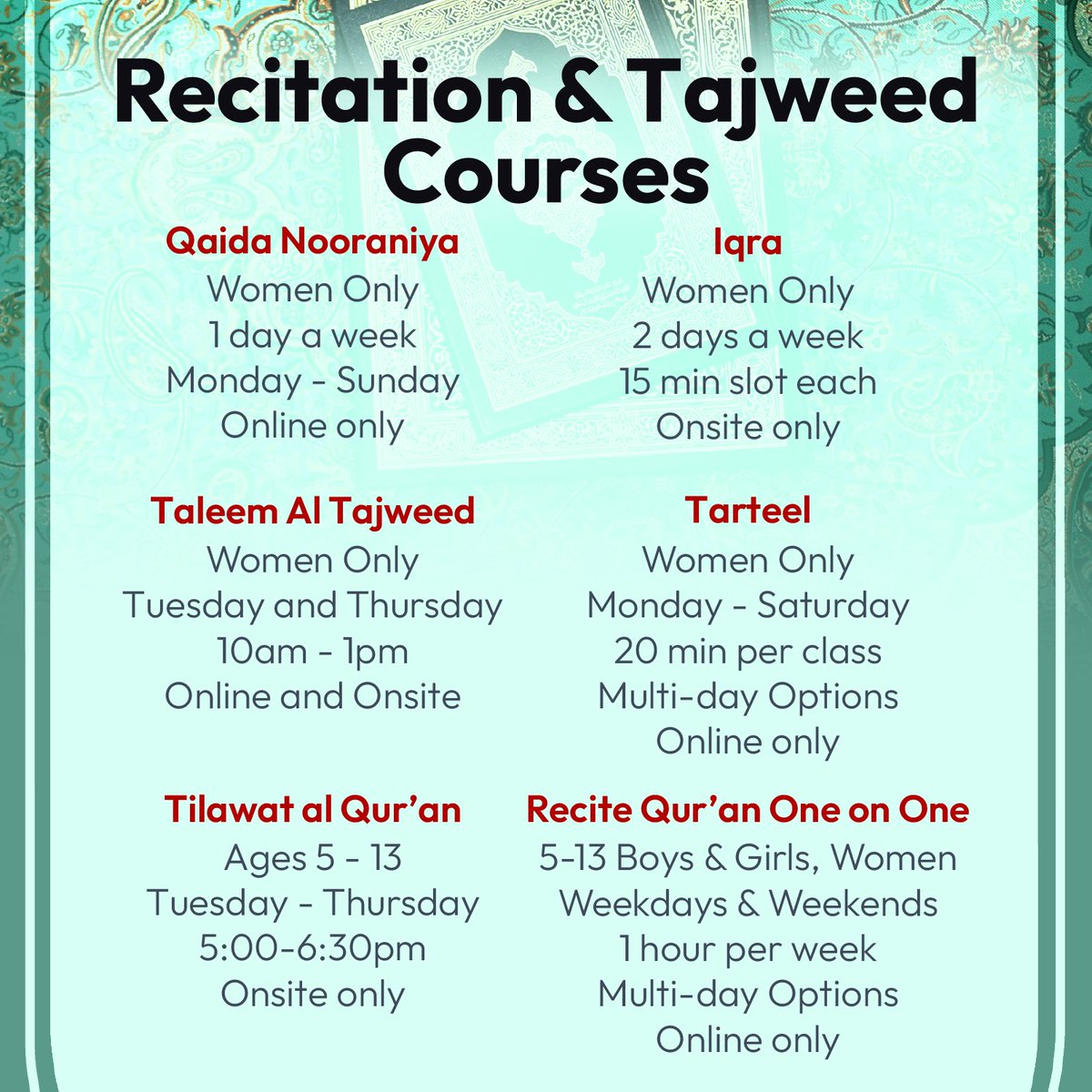 AlHudaInstitute's tweet photo. Strengthen your connection with the Quran beyond Ramadan! ✨

Enroll in our Hifdh &amp; recitation courses for all ages and levels—part-time, full-time, onsite or online! 

Hifdh: https://t.co/Eml0eZS2KG
Recitation &amp; Tajweed: https://t.co/6tpYA641N5 https://t.co/Ay4S0mLe0R