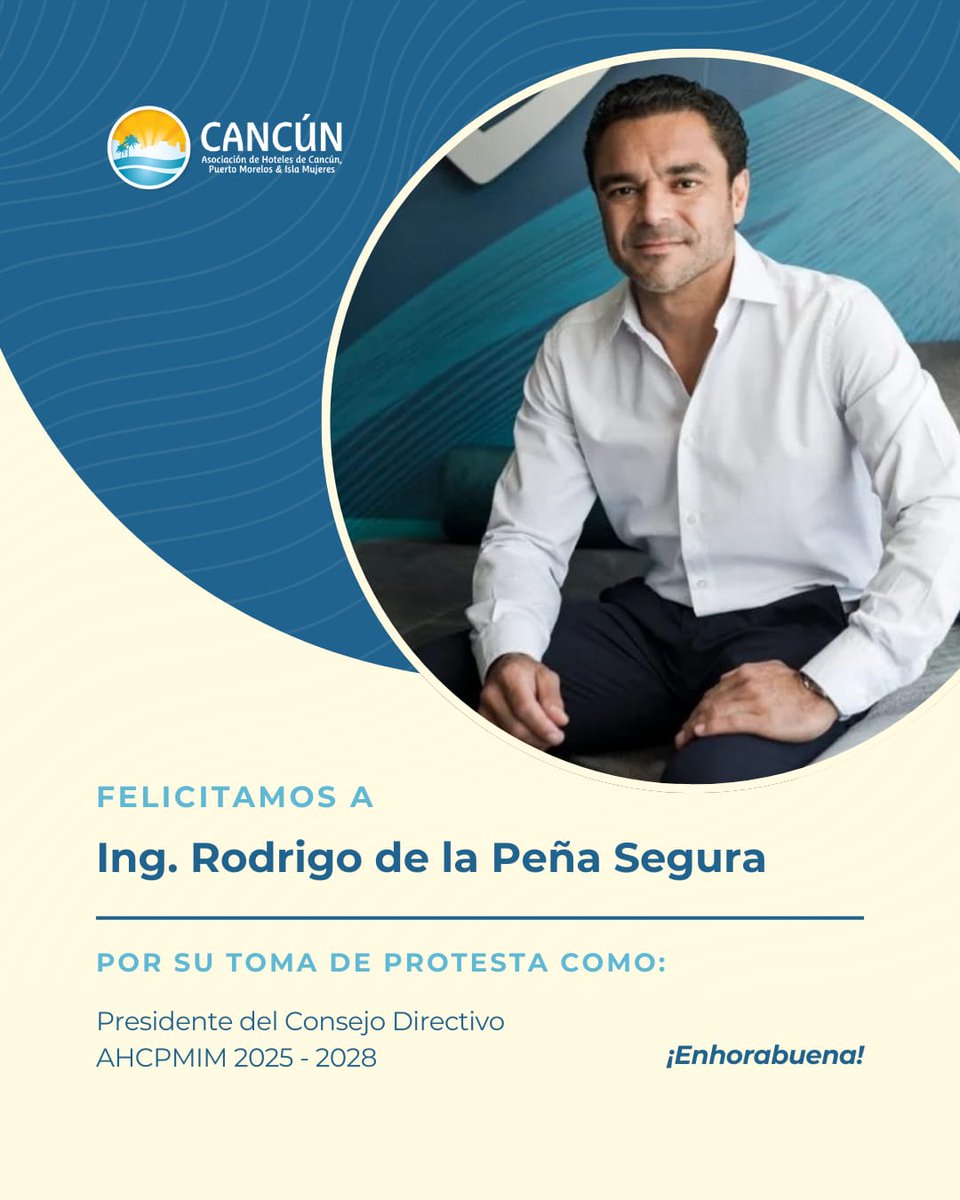 AHCancun's tweet photo. Felicitamos al Ing. Rodrigo de la Peña Segura

Por asumir con compromiso y liderazgo la Presidencia de nuestro Consejo Directivo #AHCPMIM 2025-2028. Confiamos en que su visión fortalecerá el crecimiento y la excelencia de nuestra industria hotelera.   🌊  🏨

¡Mucho éxito en esta nueva etapa! 👏🏼

#AHCPMIM #Cancún #PuertoMorelos #IslaMujeres #CaribeMexicano #Hotelería #Turismo #HoteleríaSostenible