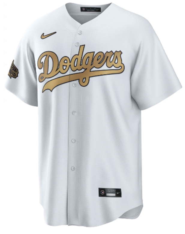 Dodgers gold jersey in 2021, the version for 2025, and also the 2022 All-Star Game jersey.