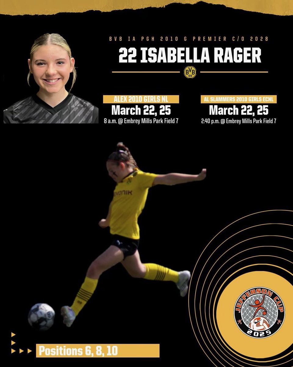 IsabellaRager's tweet photo. Can’t wait to head to the Jeff Cup this weekend with my BVB team! Check out me and my teams schedule listed below! @GotSoccer @WestmorelandSN @USYouthSoccer https://t.co/TxrpQJofLS