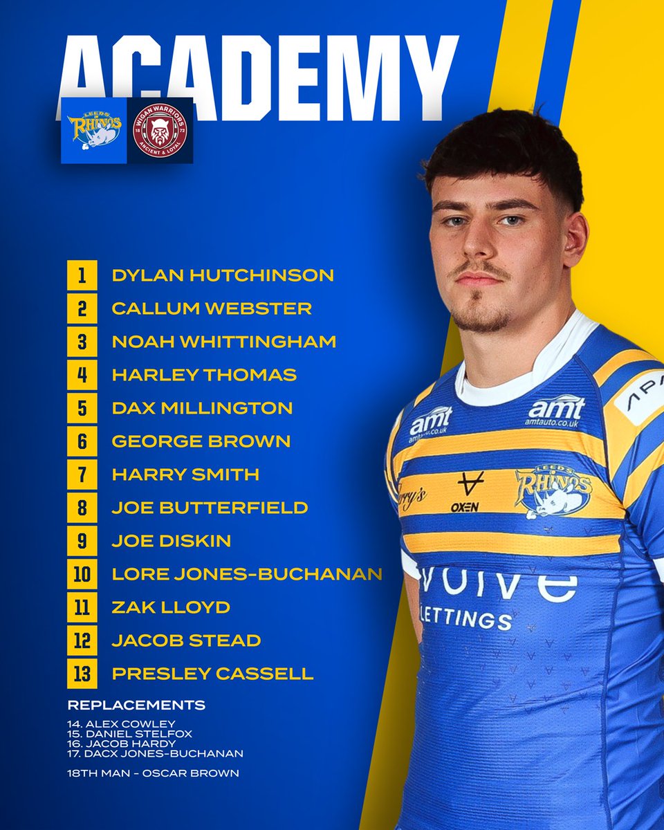 leedsrhinos's tweet photo. U18s TEAM NEWS | Your first squad of the Rhinos 2025 Academy season is in for tonight's clash against reigning champions @WiganWarriorsRL!

Get down to Stanningley to watch the action from 7pm, entry is £5 adults and £3 concessions. https://t.co/45XAvQ7zZZ