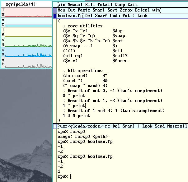 ShannAurelle's tweet photo. For today, I created my first program utilizing boolean expressions in forsp9 (forsp ported to Plan 9 C) in my #9front setup🥰 https://t.co/vGaLIxSphm