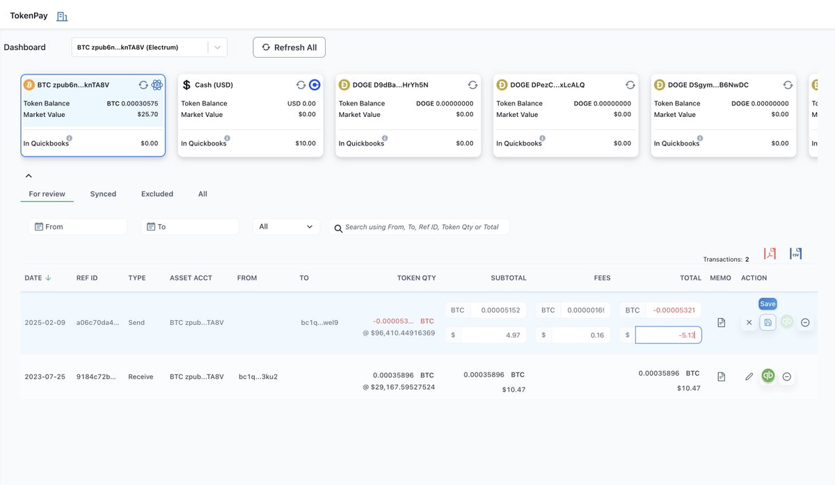 minturi's tweet photo. Syncaru’s Crypto Accounting dashboard now offers inline transaction edits, empowering accountants to adjust transaction token, fiat and fee values when needed—efficiently, without switching to separate detail views or screens 👍https://t.co/qqNNunmHIY
#crypto #accounting #syncaru #quickbooksonline