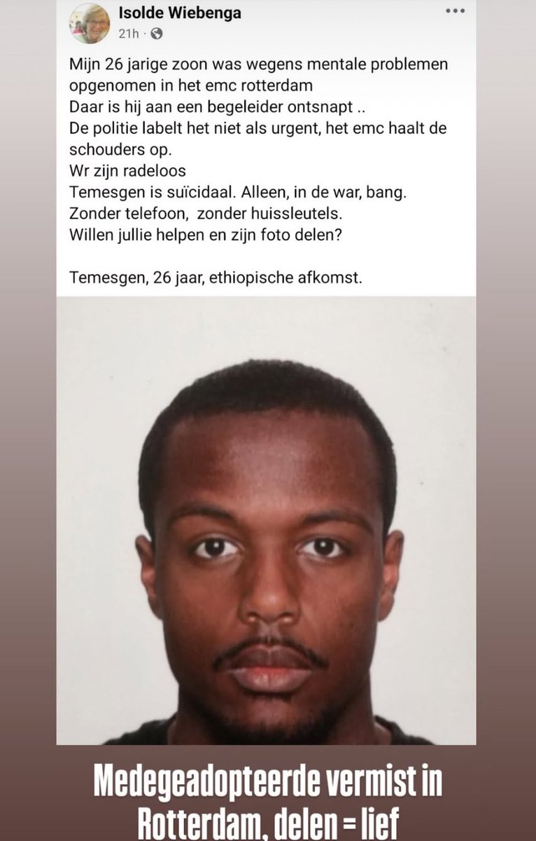 Medegeadopteerde Temesgen is vermist. Hij is suïcidaal en heeft dringende zorgen nodig. 

Re-tweet = ❤️