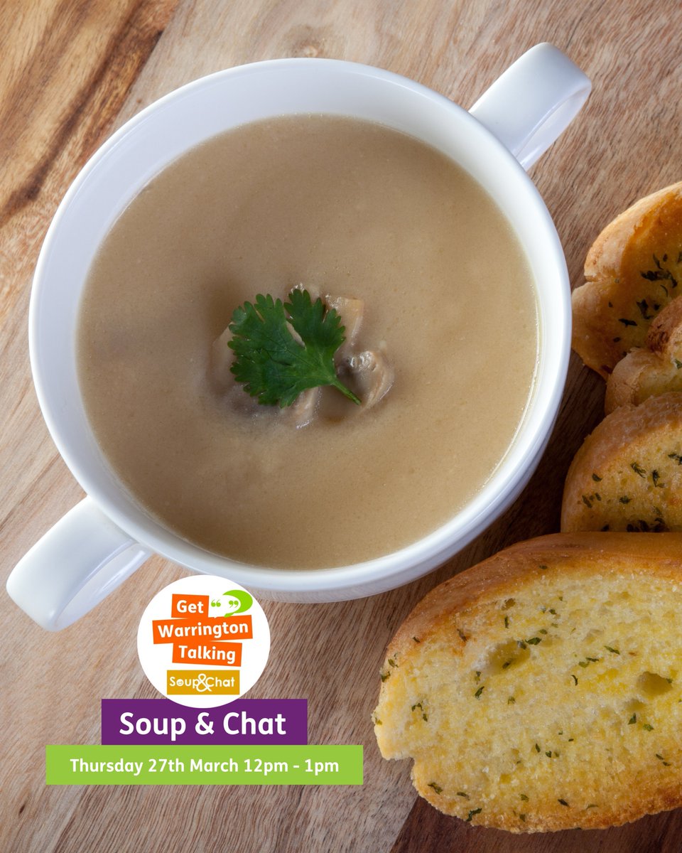 Warrington Speak Up (@warrspeakup) on Twitter photo Are you free on Thursday?🍲 If you are in the town centre, why not pop over to <a href="/TheGatewayWarr/">Gateway Warrington</a> on Sankey Street and join us for Soup & Chat.
🗓️ Thursday 27th March, 12pm - 1pm
📍The Gateway, Sankey St, #Warrington WA1 1SR
Anyone is welcome, FREE to attend. Are you free on Thursday?🍲 If you are in the town centre, why not pop over to <a href="/TheGatewayWarr/">Gateway Warrington</a> on Sankey Street and join us for Soup & Chat.
🗓️ Thursday 27th March, 12pm - 1pm
📍The Gateway, Sankey St, #Warrington WA1 1SR
Anyone is welcome, FREE to attend.