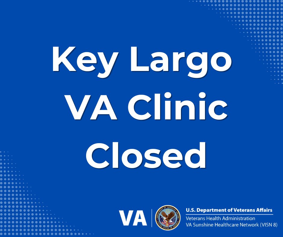 Miami VA (@miamivamc) on Twitter photo The Key Largo VA Clinic is closed today due to fires along U.S. Route 1. The clinic will reopen on Monday, March 24, unless announced otherwise. Veterans needing urgent care, call the VISN 8 Clinical Contact Center at 1-877-741-3400 for 24/7 support. For emergencies, dial 911. The Key Largo VA Clinic is closed today due to fires along U.S. Route 1. The clinic will reopen on Monday, March 24, unless announced otherwise. Veterans needing urgent care, call the VISN 8 Clinical Contact Center at 1-877-741-3400 for 24/7 support. For emergencies, dial 911.
