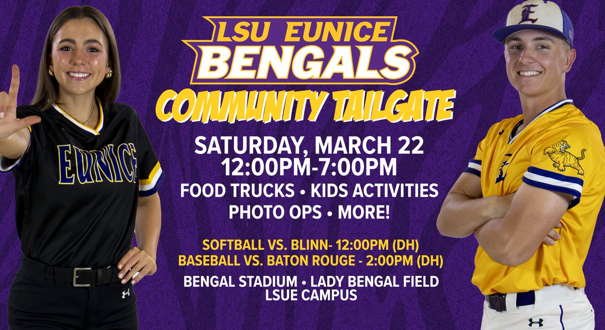 BE HERE TOMORROW! Our community tailgate is less than 24 hours away.  Join us for a full day of action on the diamond, food trucks, fun for the family and more!

#GeauxBengals

athletics.lsue.edu/news/2025/3/13…
