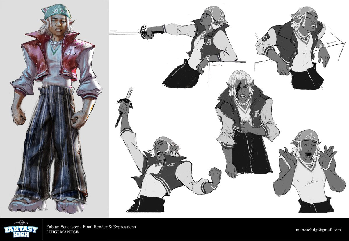LuigiManese's tweet photo. Fabian Seacaster: character design development #fantasyhigh #Dimension20 #Dimension20fanart https://t.co/098EuLBSaT