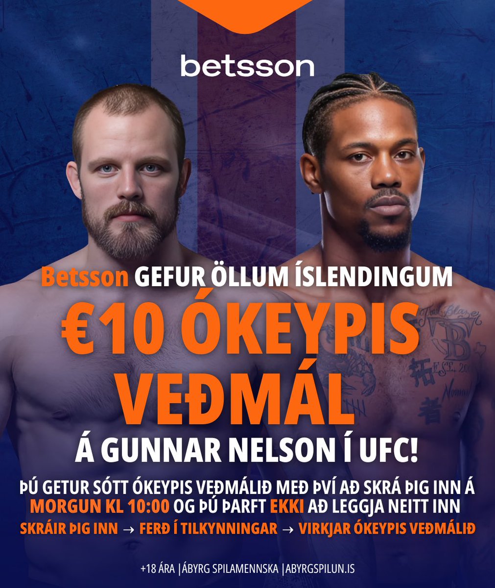 Betsson gefur ÖLLUM Íslendingum €10 ókeypis veðmál á Gunnar Nelson á morgun!

Eina sem þú þarft að gera er að skrá þig inn/nýskrá þig á Betsson á morgun🤝

Nokkrir sem reposta fá inneign í DM