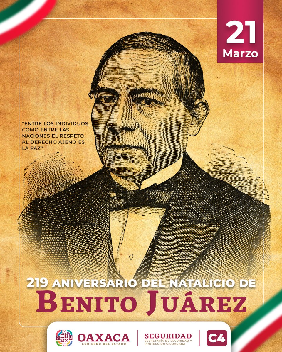 Hoy conmemoramos el 219° aniversario del natalicio de Benito Juárez 

Un líder que marcó la historia de México con su valentía y compromiso con la justicia. Recordemos su legado y su célebre frase:

"Entre los individuos, como entre las naciones, el respeto al derecho ajeno es la
