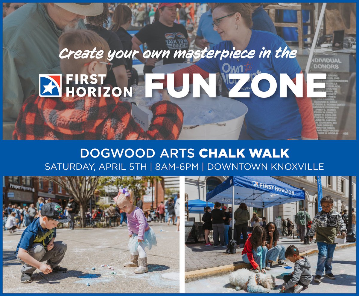 🎨✨ Kids chalk FREE in the <a href="/FirstHorizonBnk/">First Horizon Bank</a> Fun Zone at #ChalkWalk! 🖍️ Create your own masterpiece with us on Saturday, April 5th in <a href="/downtownknox/">Downtown Knoxville</a>  🌈 #DogwoodArts #FirstHorizonBank