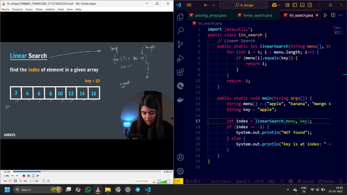 codewithrk21's tweet image. Day 17/100 #100DaysofCode 
On the Way to Mastering #JavaWithDsa
Started Interesting & Most Awaited  DSA Topics.
Learned today Linear Search in Array With @ShradhaKhapra_ Mam
@ApnacollegeX
#JavaWithDsa #coding