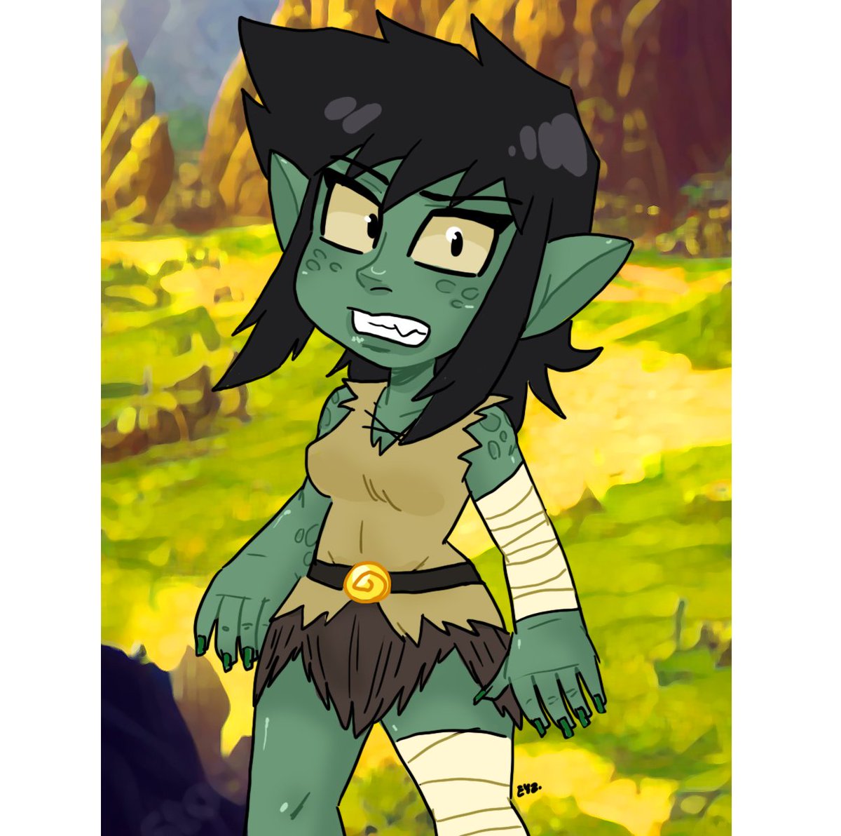 Eyzmaster's tweet photo. You spot a small, feral goblin girl lurking on an empty road. She eyes you warily. Do you: A) Approach her? B) Offer food? C) Keep your distance?

#Eyz #myart #munchy #goblin #goblins #goblingirls #goblinocs #goblinoc #gobbo #gobbos #goblinsisters #OC #waifu #shortstack https://t.co/R9NTOleeQF