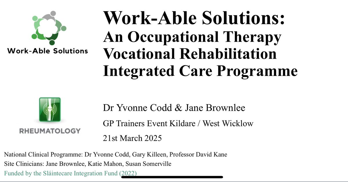 Dr Yvonne Codd (@yvonnecodd) on Twitter photo Our <a href="/HSELive/">HSE Ireland</a> Work-Able Solutions service welcomes referrals from hospitals and primary care to support people with #RMDs stay in or return to work.
Thank you for the invitation to present to #GPs in <a href="/HSEDubMidlands/">HSE Dublin and Midlands</a> today with <a href="/BrownleeJane/">Jane Brownlee</a>
Early intervention = better outcomes Our <a href="/HSELive/">HSE Ireland</a> Work-Able Solutions service welcomes referrals from hospitals and primary care to support people with #RMDs stay in or return to work.
Thank you for the invitation to present to #GPs in <a href="/HSEDubMidlands/">HSE Dublin and Midlands</a> today with <a href="/BrownleeJane/">Jane Brownlee</a>
Early intervention = better outcomes