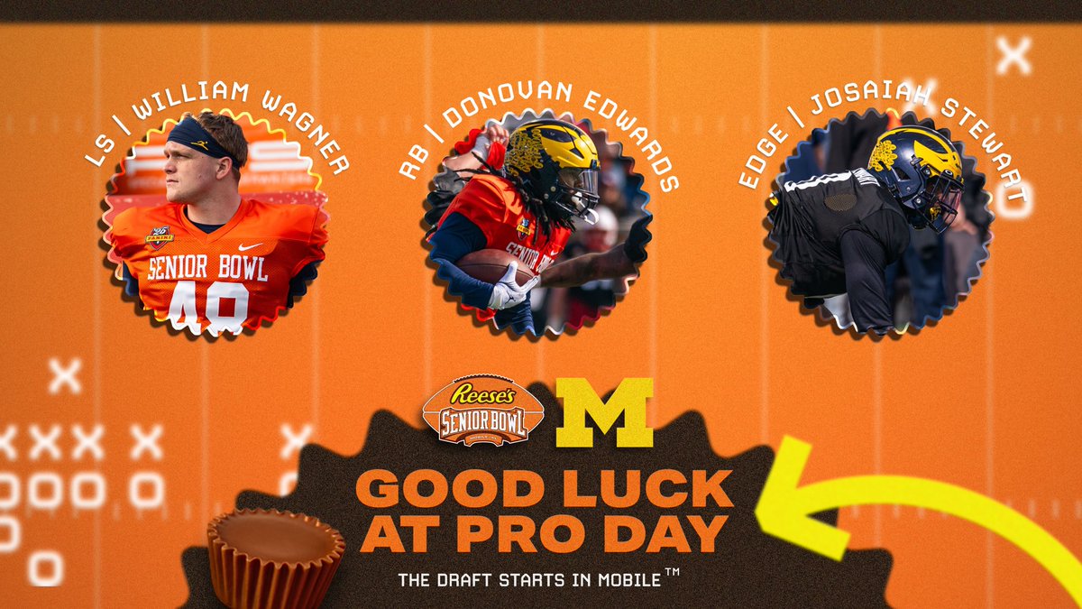 seniorbowl's tweet photo. Good luck to our men in blue today at Michigan Pro day!! 

William Wagner @Williamwagner55 
Donovan Edwards @DEdwards__ 
Josaiah Stewart 

#TheDraftStartsInMOBILE https://t.co/TYfKwSsPMo