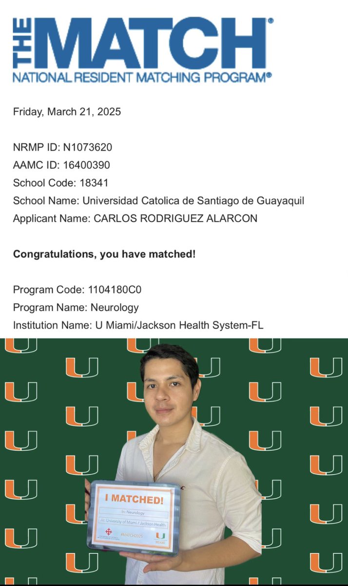 Thrilled to announce that I have matched into Neurology at the University of Miami! Grateful for all the support from my mentors, family, and friends who have been part of this journey. Excited for the next chapter at such an incredible program! #Match2025 #Neurology #IMG