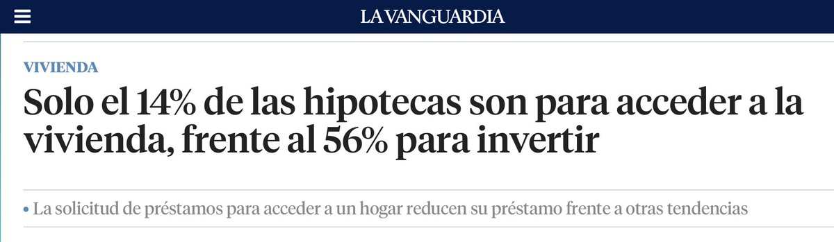 ESTO ES DEMOLEDOR: 

📌 Solo el 14% de las hipotecas que dan los bancos se usan para acceder a una primera vivienda 

📌 El 56%, para usar el piso como un producto de inversión especulativo.

📌 El 19,1%, para obtener una 2a residencia.

📌 El 10,3%, para cambiarse de residencia