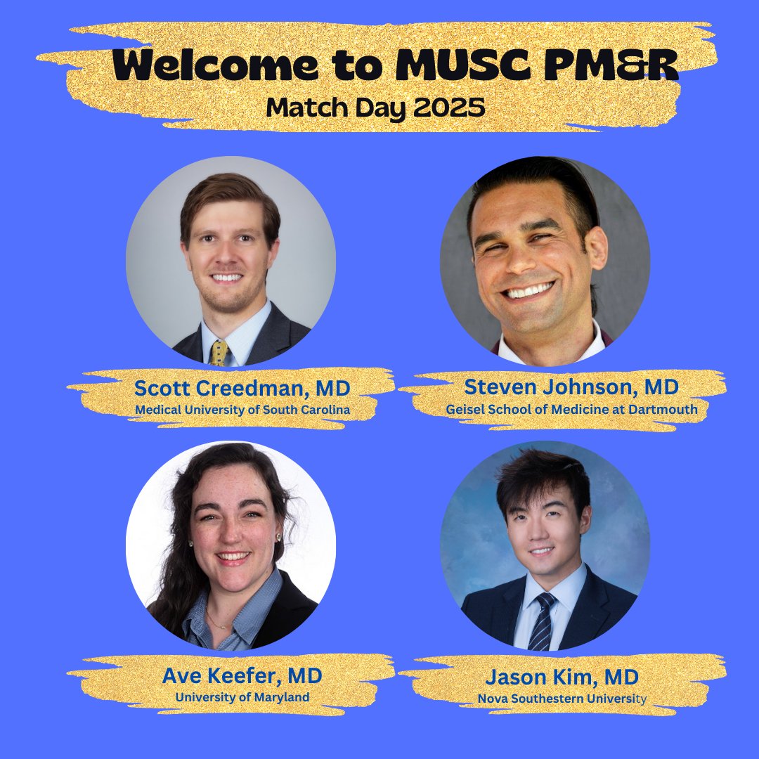 We’re thrilled to welcome our first MUSC PM&amp;R residents to the team! Get ready for an exciting journey ahead as they join us in the world of rehabilitation medicine.

🎉✨ Welcome to the MUSC PM&amp;R Family! ✨🎉

#musc_pmr #physiatry #ResidencyLife #FuturePhysiatrists #nrmp