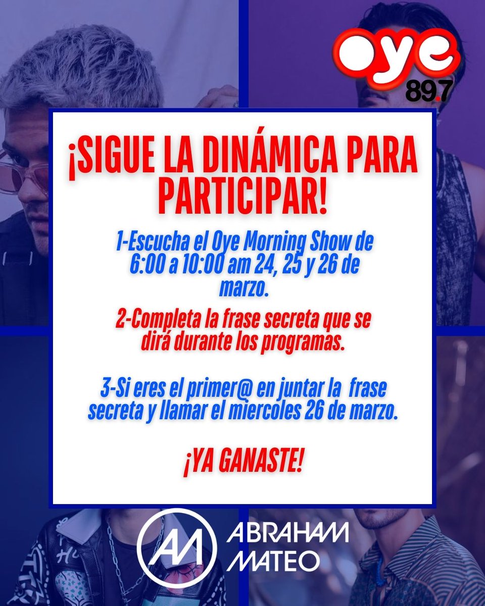 ¿Quieres ganaste la guitarra autografiada por #AbrahamMateo ? 🎸

Sigue los pasos de las imágenes y pendientes de nuestro #OyeMorningShow que puede ser tuya 🙌🏼✨

#Oye897fm #AbrahamMateoEnOye