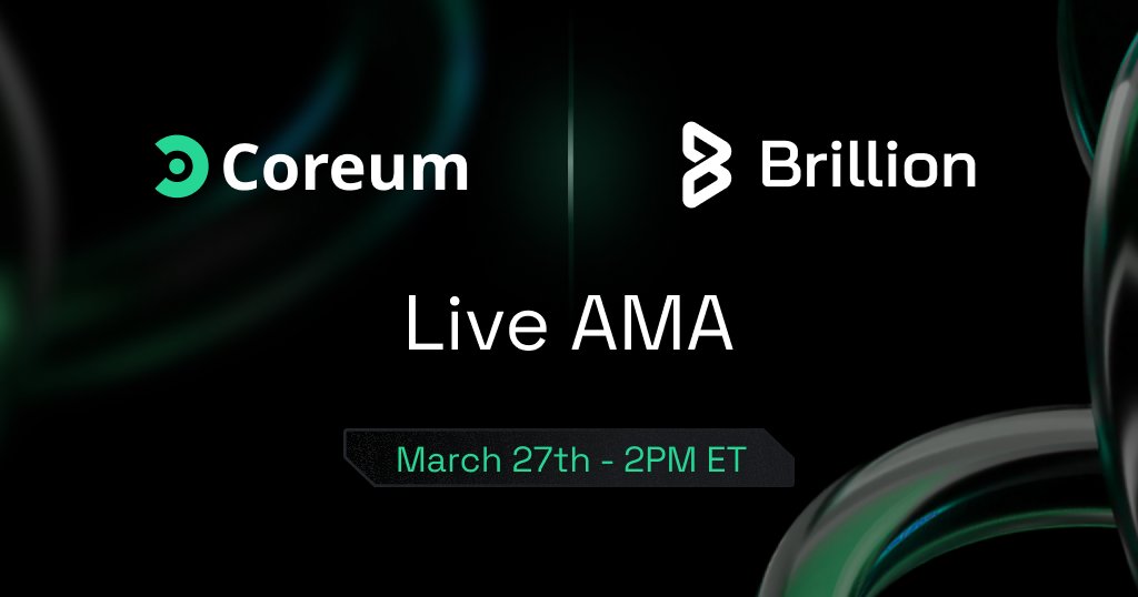 CoreumOfficial's tweet image. Join the Coreum team for a live AMA with @BrillionFi!

A discussion on enhancing access to #RWAs, digital wallets, and support for #IBC.

🗓️ March 27th - 2PM ET

Set your reminder: x.com/i/spaces/1ypJd…