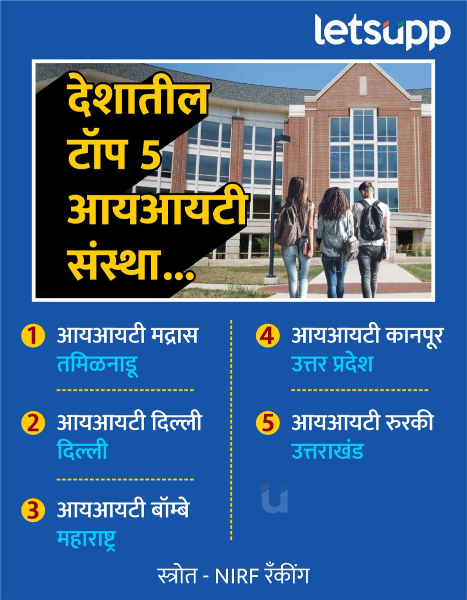 LetsUppMarathi's tweet photo. देशातील टॉप 5 इंजिनीअरिंग संस्था, जाणून घ्या यादी
-
#engineeringinstitutes #engineering #engineeringcareers #EngineeringEducation #IITMADRAS #iitdelhi #iitkanpur #iitrurki #iitbombay #IIT #top5 #Top5EngineeringInstitute #LetsUppMarathi https://t.co/UzYs1TymLF