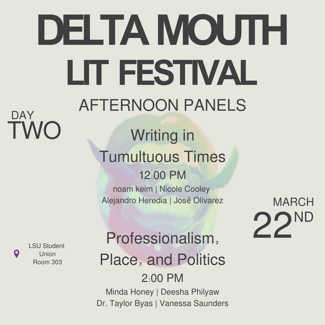 DeltaMouthFest's tweet photo. Today's the day! The 2025 Delta Mouth Literary Festival kicks off tonight at the LSU Ogden Honors College at 6 PM. But tomorrow afternoon, our panels will begin at 12 PM, so make sure to not miss those. See you later! https://t.co/jooeFQntFN