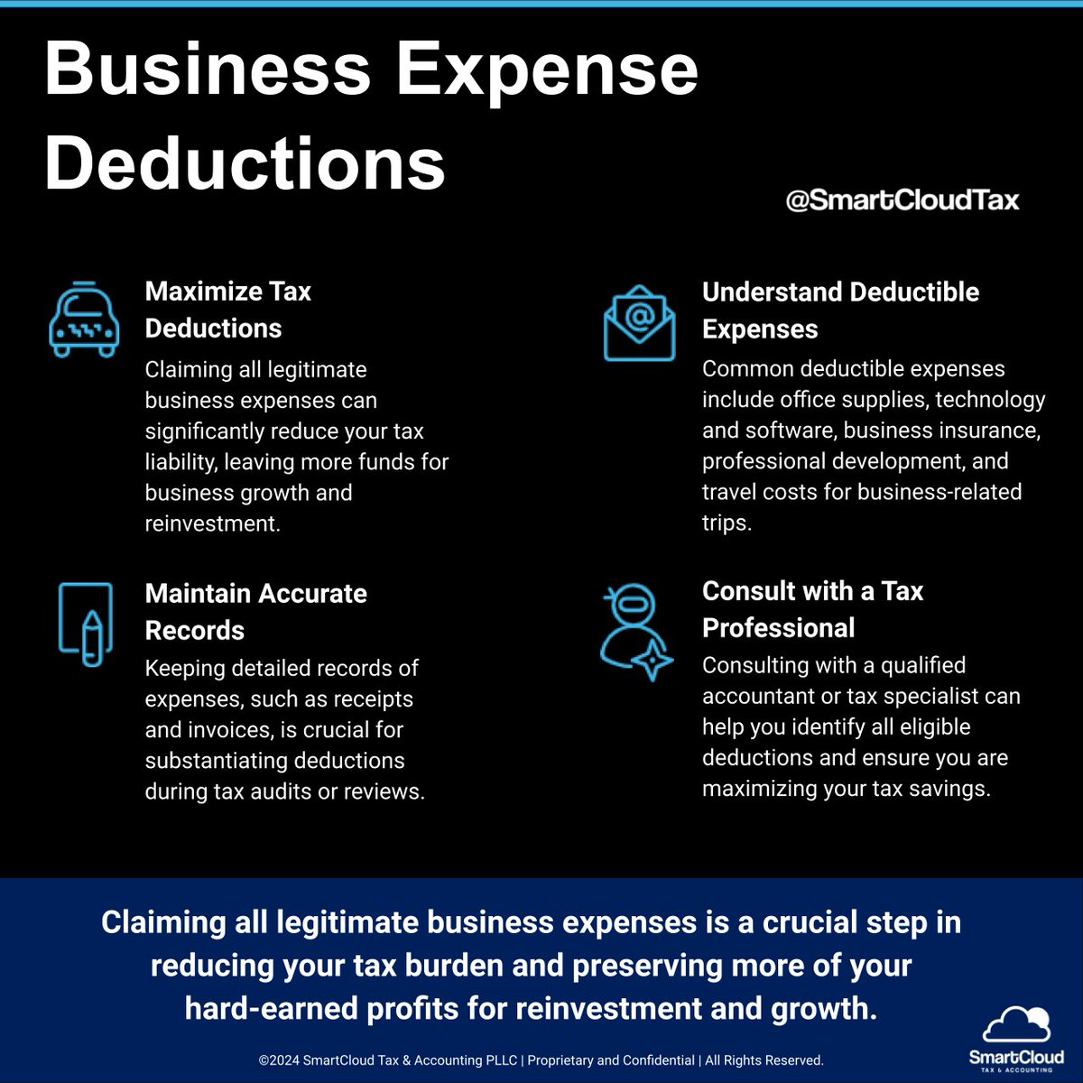 SmartCloudCPAs's tweet image. Claim every legitimate business expense to reduce taxes. 

Repost for awareness! 

#Startups #BizChat #SmallBizTalk #BusinessSuccess #SmartCloud