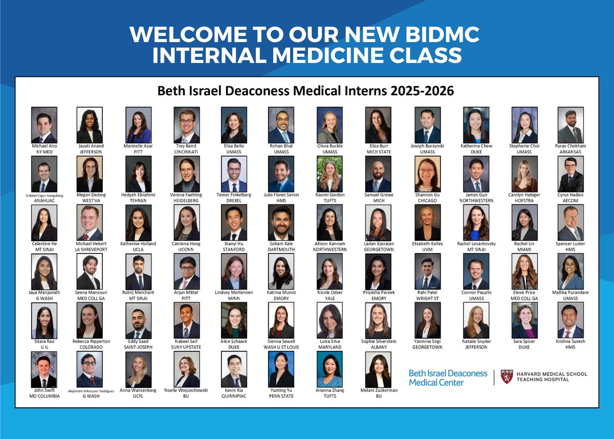 Welcome to our <a href="/BIDMC_IM/">BIDMC IM Residency</a> 2025-26 Intern Class! This exceptional #Match2025 group comes from 46 different medical schools across the country and brings expertise in global health, medical education, QI, research, &amp; more. 

Can't wait for you to join us <a href="/BIDMChealth/">BIDMC</a> this summer! 🌟