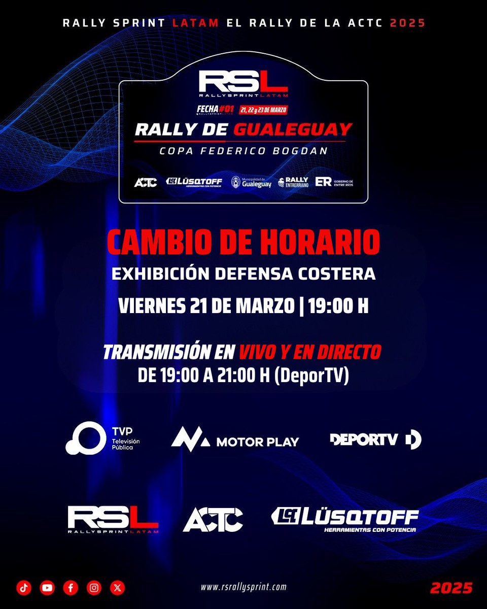 ⚠️ Nuevo horario para el inicio del Rally de Gualeguay - Copa Federico Bogdan‼️

La exhibición en la Defensa Costera de la ciudad de Gualeguay se adelanta a las 19hs. Recordá que contará con transmisión en vivo de 19 a 21hs por <a href="/canaldeportv/">DEPORTV</a> y <a href="/motorplaytv/">MotorPlay</a>

#rally #rallysprint