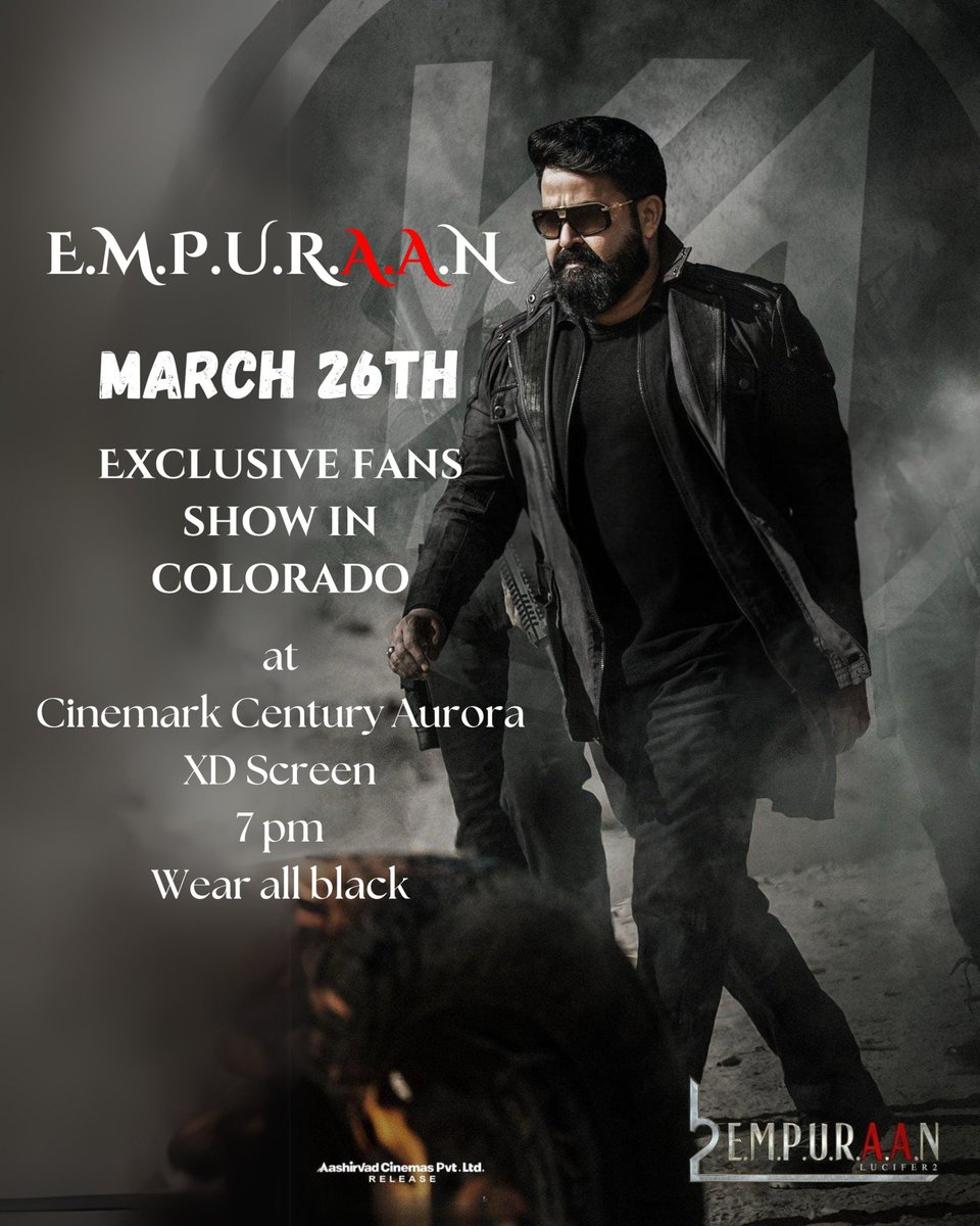 First time a Malayalam movie screening in XD screen Colorado!! ❤️🔥 
Thank you <a href="/AVDAmerica/">Aashirvad Hollywood</a> <a href="/AVDCanada/">Aashirvad Canada</a> <a href="/PrimeMediaUS/">PrimeMedia</a> 
#Empuraan #Mohanlal𓃵 #Prithviraj #USA