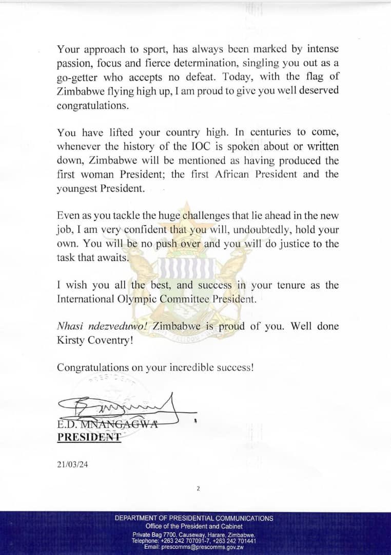 nickmangwana's tweet image. CONGRATULATORY
MESSAGE
BY HIS
EXCELLENCY THE
PRESIDENT, DR E.D.
MNANGAGWA, FOLLOWING MINISTER KIRSTY COVENTRY&apos;S HISTORIC ELECTION TO THE INTERNATIONAL OLYMPIC COMMITTEE PRESIDENCY.

Thursday 20th March, 2025, will remain etched in the annals of history, both in Zimbabwe and…