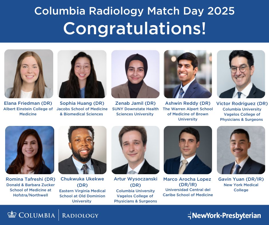 columbiaimaging's tweet photo. #MatchDay2025! We're so excited to introduce the newest members of our department. Congratulations and welcome to our #radiology family!  #Match2025 https://t.co/cTi7B5ECOY