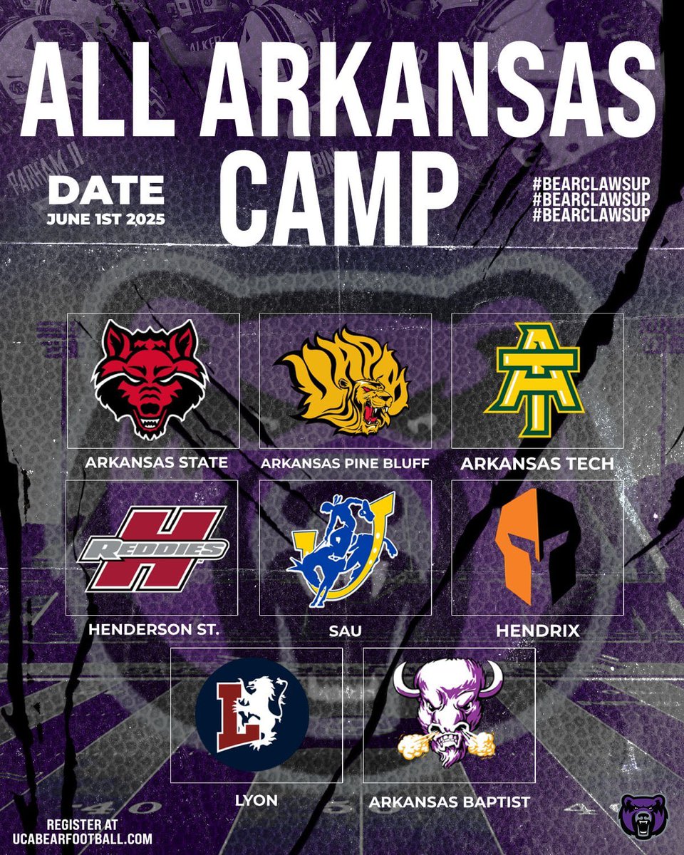 🚨 THE ALL ARKANSAS CAMP IS THE BEST WAY FOR ATHLETES TO START OFF THEIR CAMP SEASON! 🚨

JUNE 1ST 🗓️
CONWAY, ARKANSAS 📍
GET PLENTY OF REPS 💪
OPPORTUNITY AWAITS 💯💰

REGISTER NOW!
UCABEARSFOOTBALL.COM  ✅
