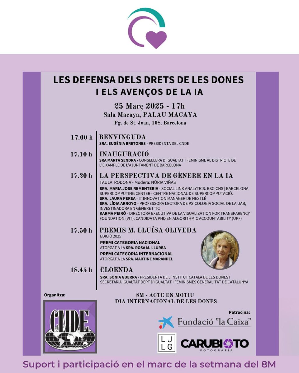 #Asodame i Consell Nacional de Dones d'Espanya #CNDE et conviden a🗓️ 25/3 17h al Palau Macaya. Taula rodona amb expertes en IA i gènere. Premi Ma Lluïsa Oliveda. Autoritats locals i internacionals. Inscripcions #8M: docs.google.com/forms/d/e/1FAI… #ConsellNacionaldeDonesdEspanya