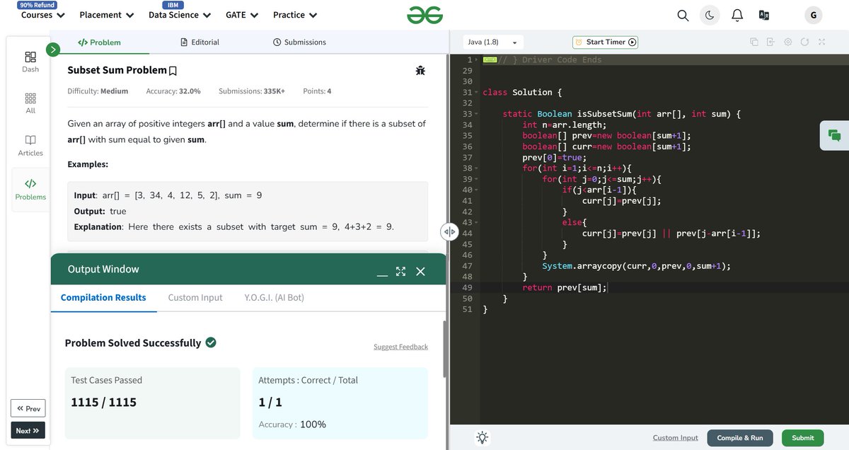 g0utam_s's tweet photo. 🌟 Day 123 of #gfg160
Today's challenge with @geeksforgeeks : "Subset Sum Problem."
Given an array of positive integers, check if there's a subset whose sum equals the given value! 🎯➕
#geekstreak2024 #DynamicProgramming #SubsetSum #CodingChallenge https://t.co/4ikp8cEk36